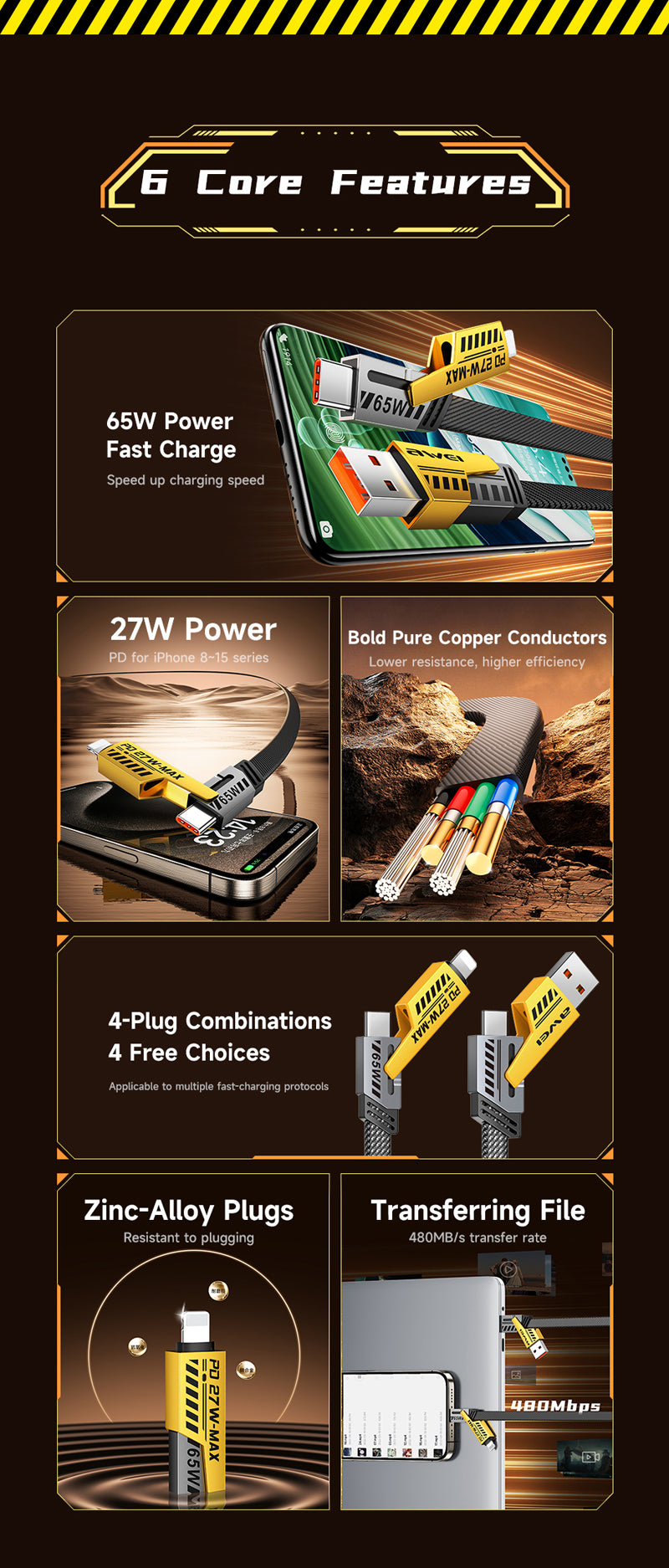 AWEI CL-226 65W 1M Type-C+USB to Lightning+Type-C 4 in1 Fast-Charging Data Cable Black