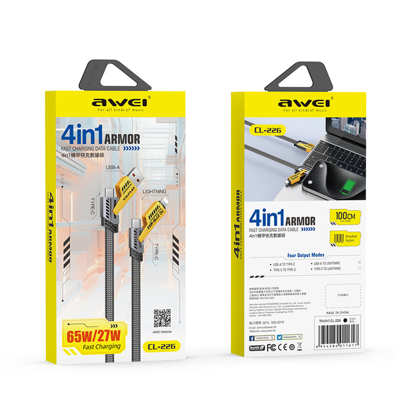 AWEI CL-226 65W 1M Type-C+USB to Lightning+Type-C 4 in1 Fast-Charging Data Cable Black