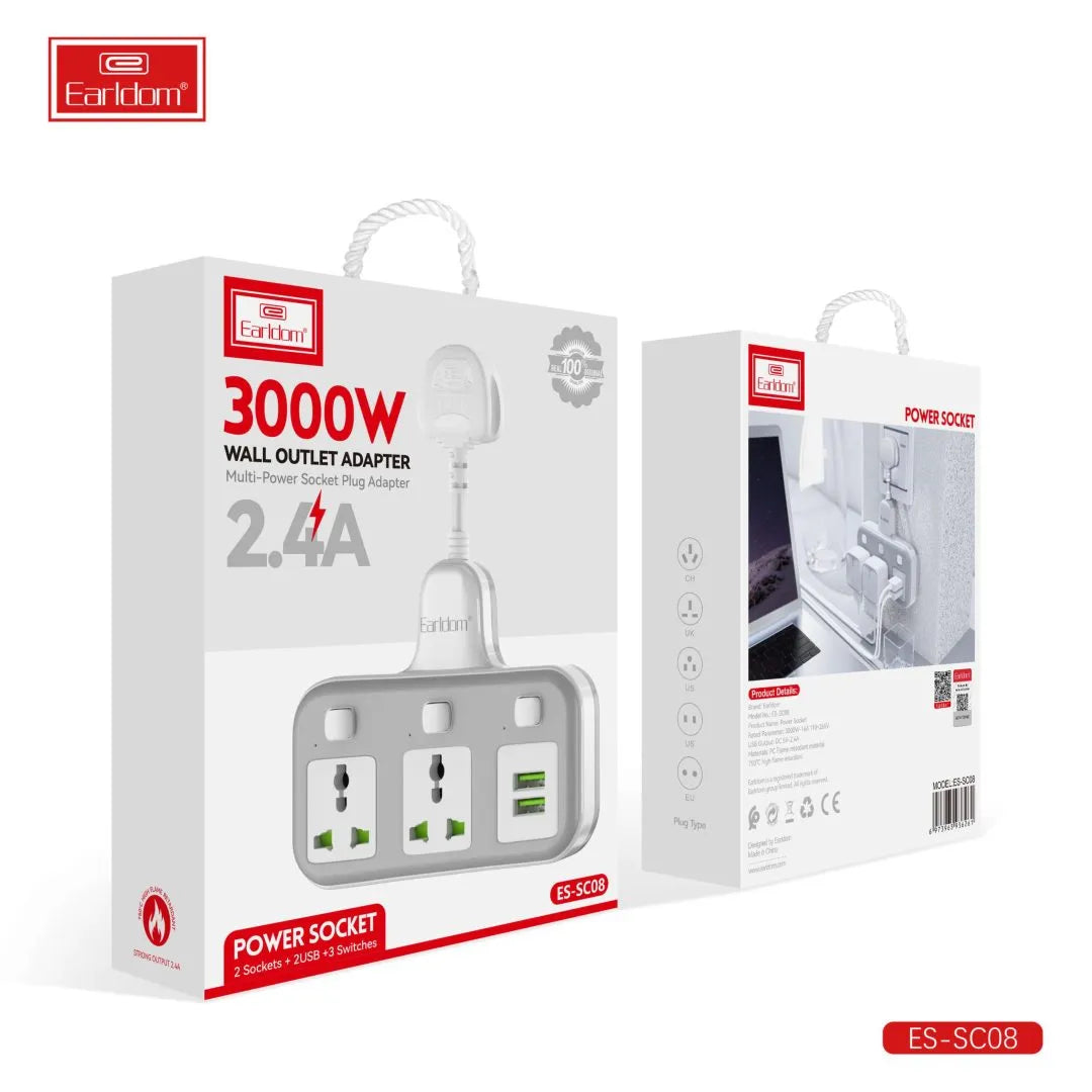 Earldom®ES-SC08 3000W,2.4A Wall Outlet Multi-Power Socket Plug Adapter